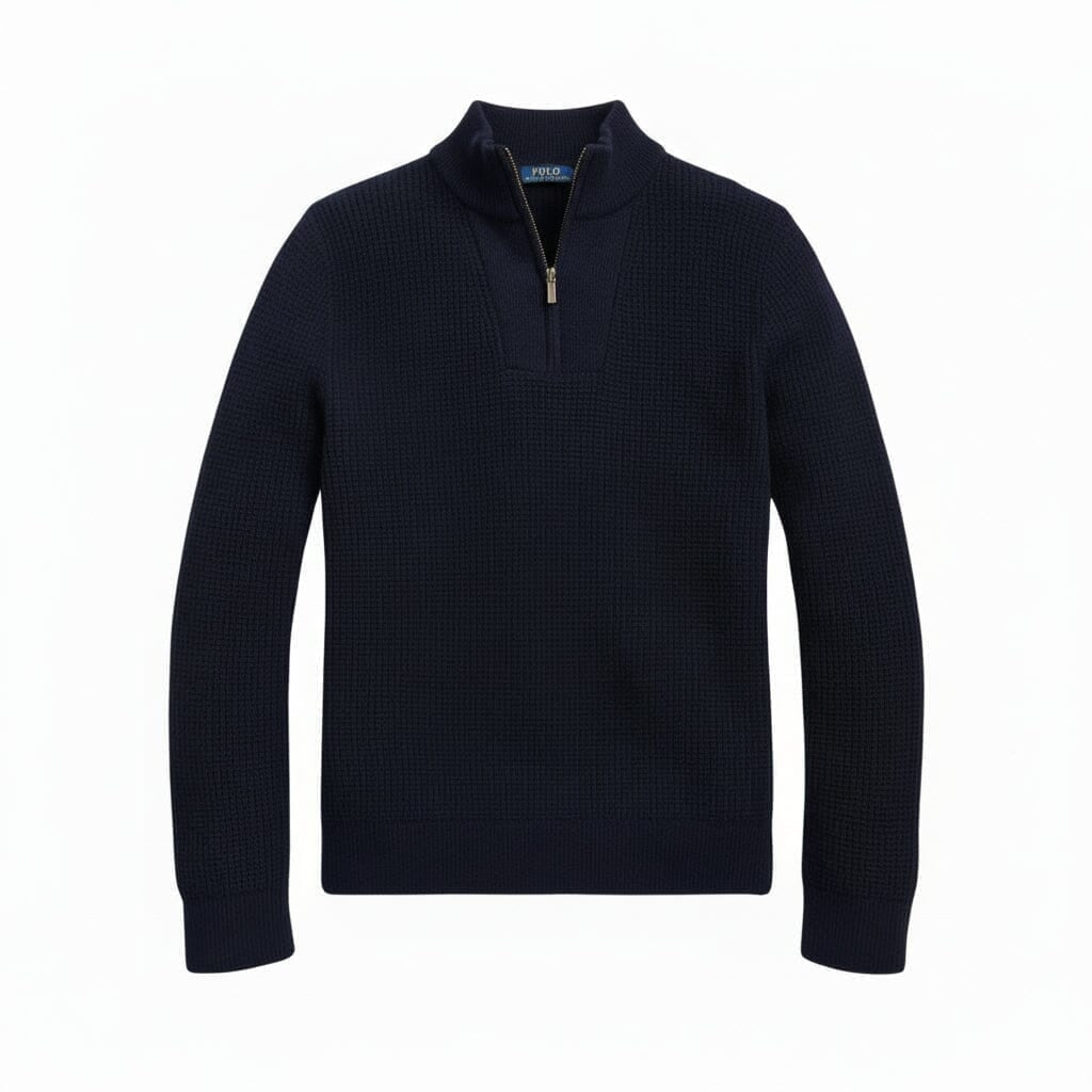 Waffelstrick-Pullover aus Wolle und Baumwolle mit kurzem Reißverschluss