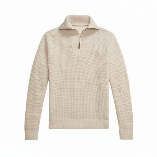 Waffelstrick-Pullover aus Wolle und Baumwolle mit kurzem Reißverschluss