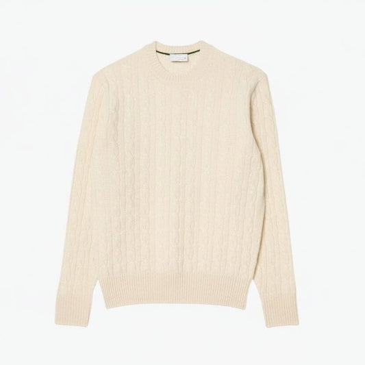 Pullover aus gekämmter Wolle mit Zopfmuster und Rundhalsausschnitt