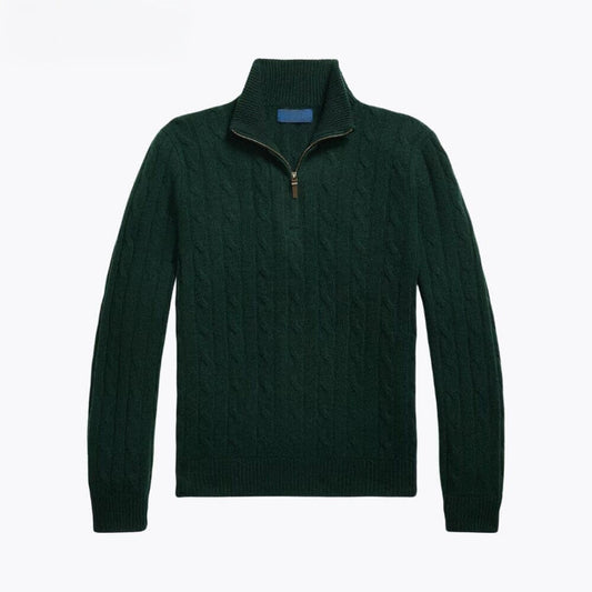 Kabelgestrickter Kaschmirpullover mit kurzem Reißverschluss